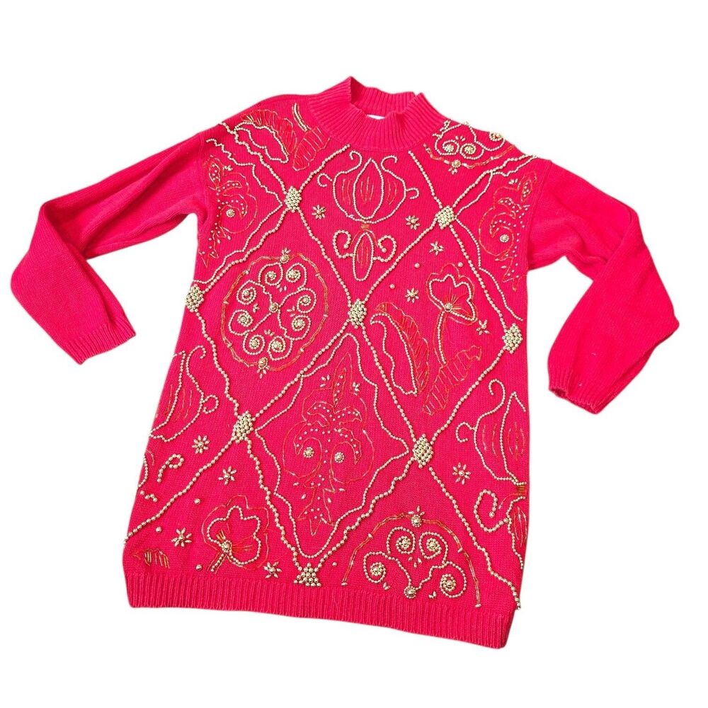 Victoria Jones MD Vtg 80's Red Mock Neck Beaded Crewneck Party Knit L/S Sweater